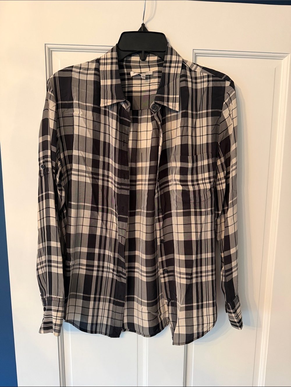 Madewell Black and Cream Plaid Button-Up Blouse